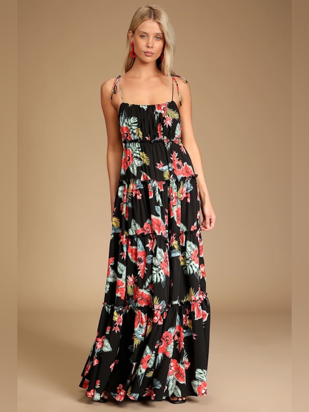 Lulus Call of the Tropics Black Floral Tie-Strap Tiered Maxi Dress Xtra Small